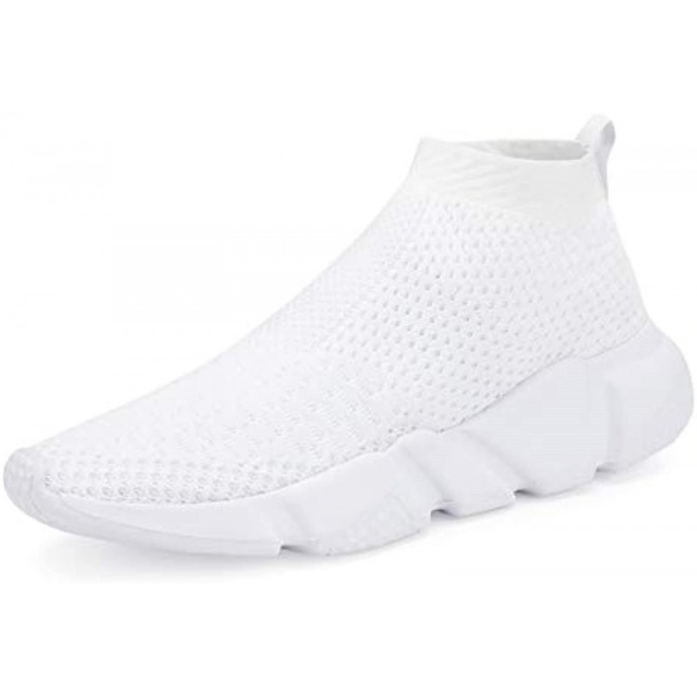 Men's Running Shoes Breathable Knit Slip On Sneakers Lightweight Athletic Casual Sports Shoes White